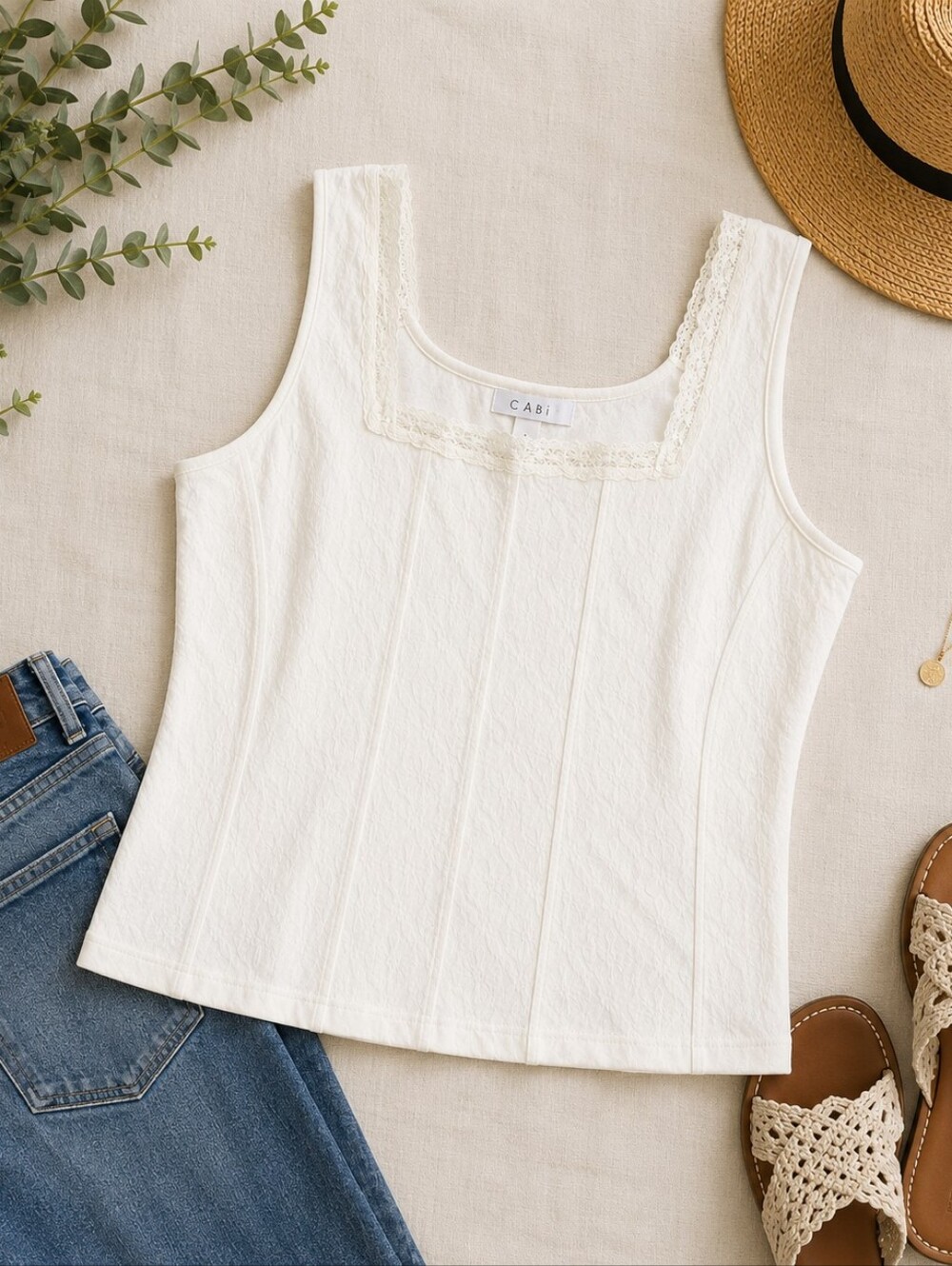 CAbi Ivory Textured Lace Trim Stretch Cropped Tank Top Size XL Cottagecore